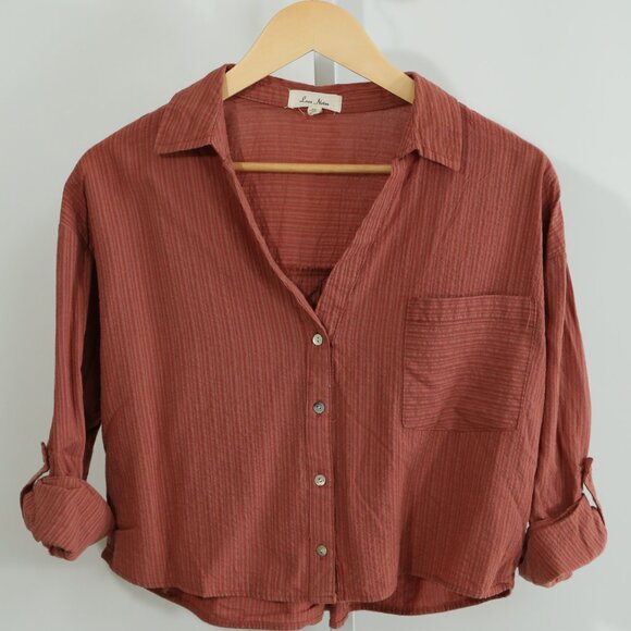 Love Notes Button Front Striped Blouse Rust Brown Long Sleeve Women’s Medium - Picture 1 of 5
